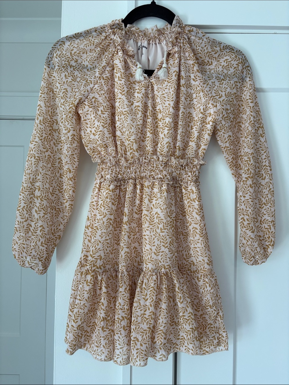 art class Cream and Tan Floral Long Sleeve Smocked Dress